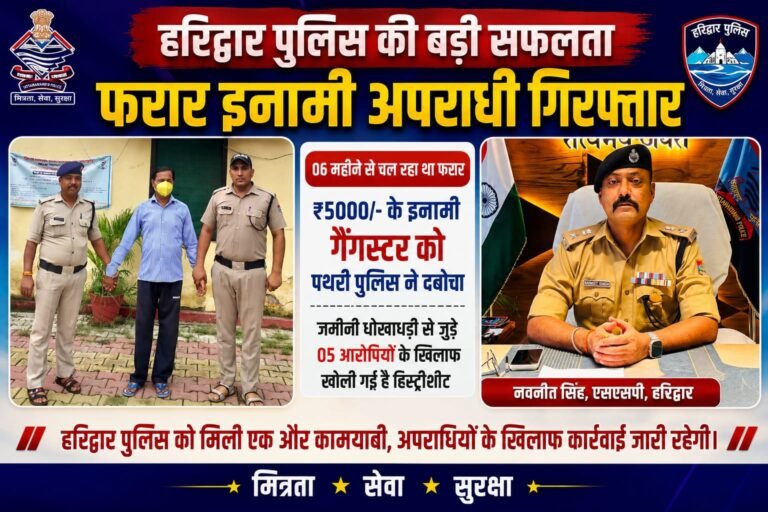 “Haridwar:₹5000 के इनामी गैंगस्टर को पथरी पुलिस ने दबोचा, छह महीने से चल रहा था फरार”