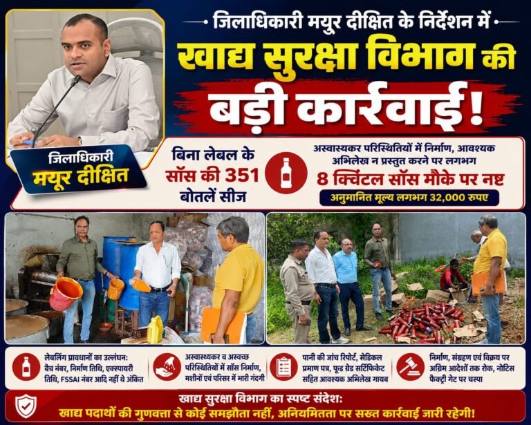 “Roorkee: में सॉस फैक्ट्री पर खाद्य सुरक्षा विभाग का बड़ा छापा! बिना लेबल 351 बोतलें सीज, 8 क्विंटल सॉस मौके पर नष्ट”
