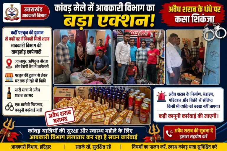 “कांवड़ मेले में आबकारी का बड़ा एक्शन!परचून की दुकानों से लेकर घरों तक पड़ी रेड, अवैध शराब का जखीरा बरामद, एक तस्कर गिरफ्तार”