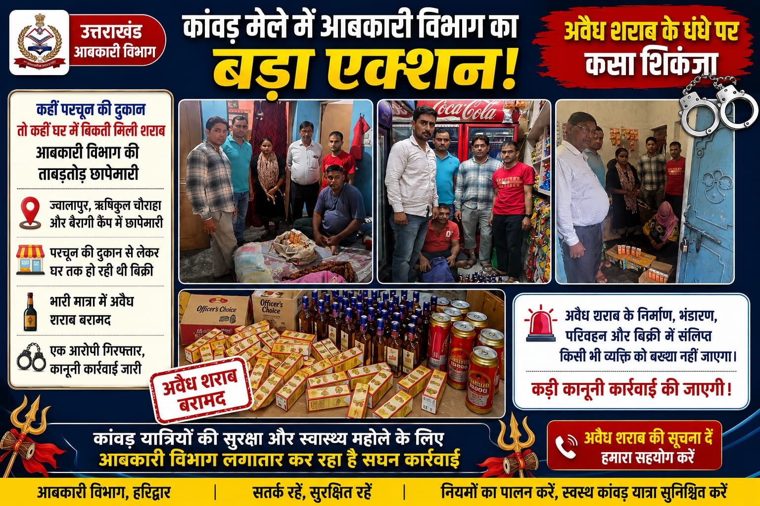 “कांवड़ मेले में आबकारी का बड़ा एक्शन!परचून की दुकानों से लेकर घरों तक पड़ी रेड, अवैध शराब का जखीरा बरामद, एक तस्कर गिरफ्तार”
