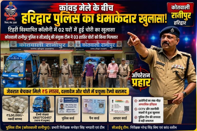 “कांवड़ मेले के बीच हरिद्वार पुलिस का बड़ा धमाका! टिहरी विस्थापित कॉलोनी की चोरी का खुलासा, 3 शातिर चोर गिरफ्तार—5 लाख की नकदी और वारदात में इस्तेमाल टैम्पो बरामद”