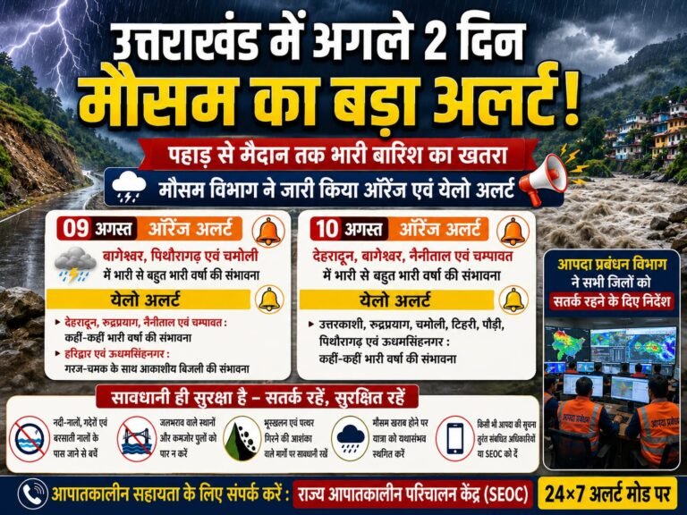“उत्तराखंड में अगले 2 दिन मौसम का बड़ा अलर्ट! पहाड़ से मैदान तक भारी बारिश का खतरा, 4 जिलों में ऑरेंज अलर्ट—आपदा विभाग 24×7 मोड पर”