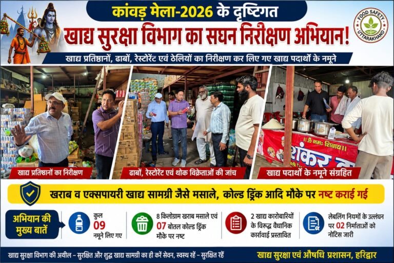 “कांवड़ मेले में मिलावटखोरों पर खाद्य विभाग का शिकंजा! ताबड़तोड़ छापेमारी में लिए नमूने, खराब मसाले और एक्सपायरी कोल्ड ड्रिंक मौके पर नष्ट”