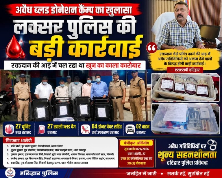 “रक्तदान की आड़ में खून का काला कारोबार! लक्सर पुलिस का बड़ा एक्शन, 27 यूनिट रक्त और ब्लड कलेक्शन उपकरण बरामद—5 आरोपी गिरफ्तार”