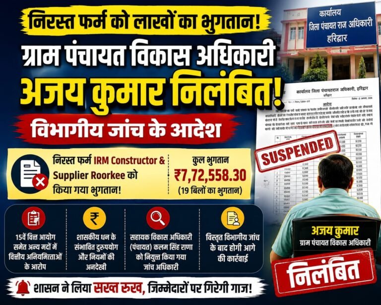 “निरस्त फर्म को 7.72 लाख का भुगतान पड़ा भारी! ग्राम पंचायत विकास अधिकारी अजय कुमार निलंबित, जांच के आदेश से मचा हड़कंप”