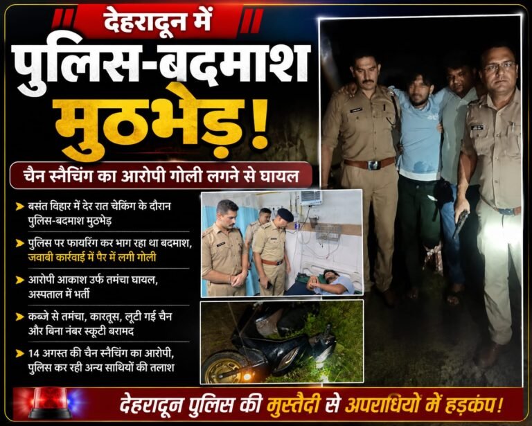 “देहरादून में पुलिस-बदमाश मुठभेड़, चैन स्नैचर आकाश उर्फ ‘तमंचा’ पैर में गोली लगने से घायल; तमंचा और लूटी चैन बरामद”