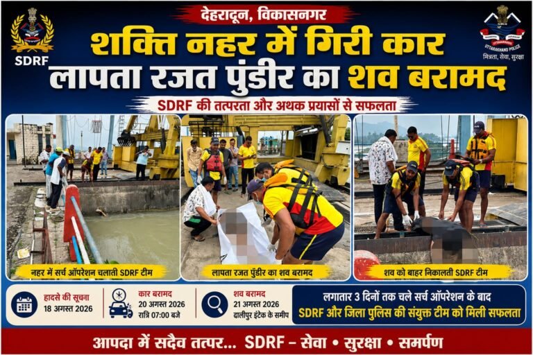 “Big Breaking शक्ति नहर में कार गिरने के बाद लापता रजत पुंडीर का शव बरामद, SDRF ने चलाया गहन सर्च ऑपरेशन”