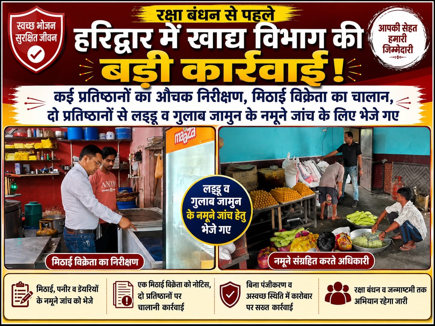 “रक्षा बंधन से पहले हरिद्वार में खाद्य विभाग का बड़ा एक्शन, मिठाई-पनीर के नमूने जांच को भेजे; दो प्रतिष्ठानों पर चालानी कार्रवाई”