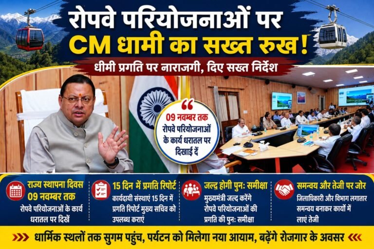 Big breaking:रोपवे परियोजनाओं पर CM धामी का बड़ा एक्शन! 09 नवंबर तक धरातल पर दिखना चाहिए काम, धीमी रफ्तार पर जताई नाराजगी