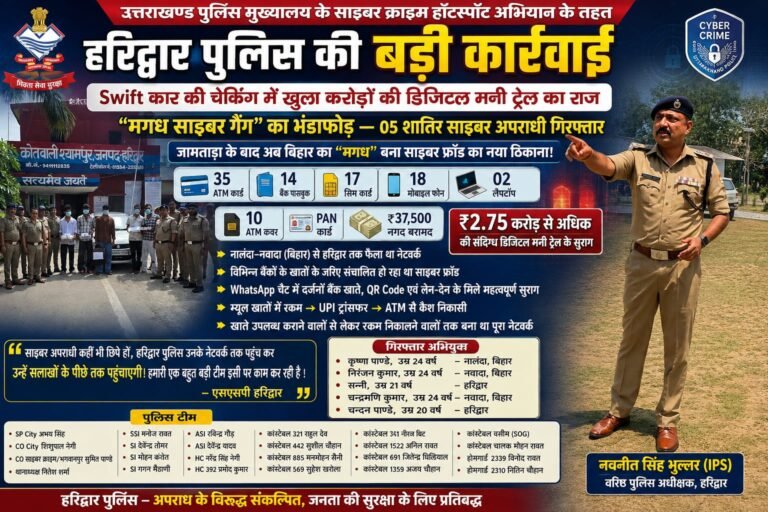 BIG BREAKING:स्विफ्ट कार से खुला ₹2.75 करोड़ की डिजिटल मनी ट्रेल का राज! हरिद्वार पुलिस ने “मगध साइबर गैंग” के 5 शातिरों को दबोचा, 35 ATM कार्ड और 18 मोबाइल बरामद