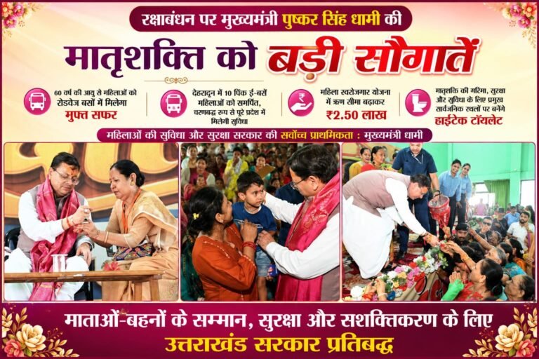 BIG BREAKING:रक्षाबंधन पर CM धामी की बहनों को बड़ी सौगात, 60 की उम्र से रोडवेज में मुफ्त सफर, पिंक ई-बसें और ढाई लाख तक सस्ता ऋण—महिला सशक्तिकरण को मिली नई रफ्तार