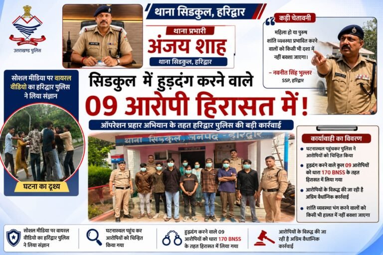 BIG BREAKING:सोशल मीडिया वीडियो पर हरिद्वार पुलिस का बड़ा प्रहार, सिडकुल में सड़क पर हुड़दंग मचाने वाले 9 आरोपी हिरासत में; महिला-पुरुष भी शामिल
