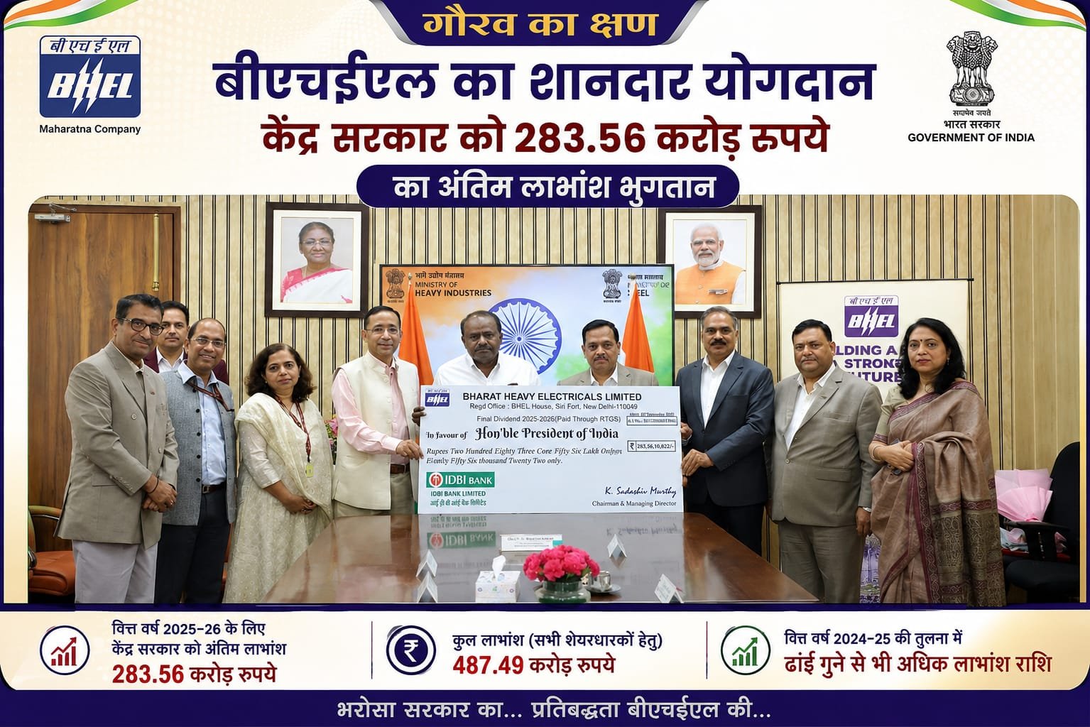 BIG BREAKING:बीएचईएल का दमदार वित्तीय प्रदर्शन! केंद्र सरकार को 283.56 करोड़ का अंतिम लाभांश, पिछले साल से ढाई गुना से ज्यादा भुगतान