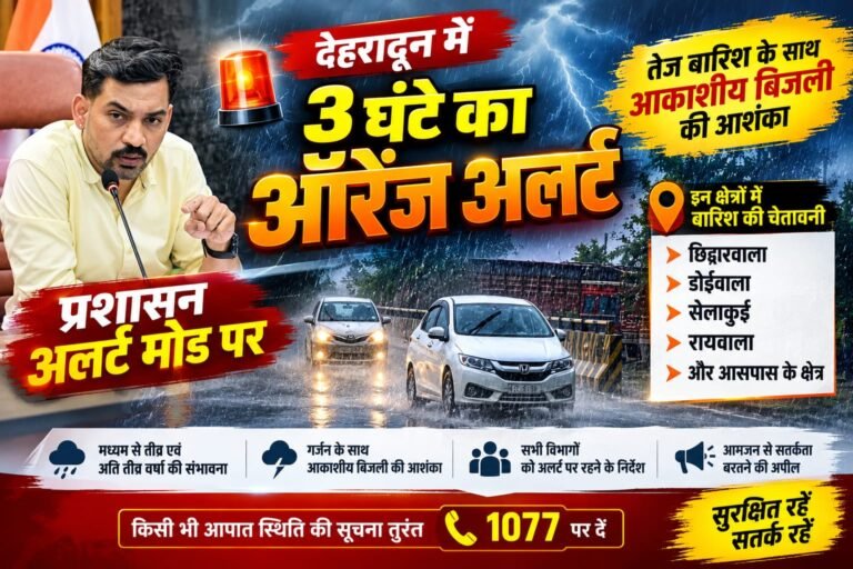 BIG BREAKING:देहरादून में मौसम का बड़ा अलर्ट! 3 घंटे का ऑरेंज अलर्ट, तेज बारिश और आकाशीय बिजली की आशंका—प्रशासन अलर्ट मोड पर