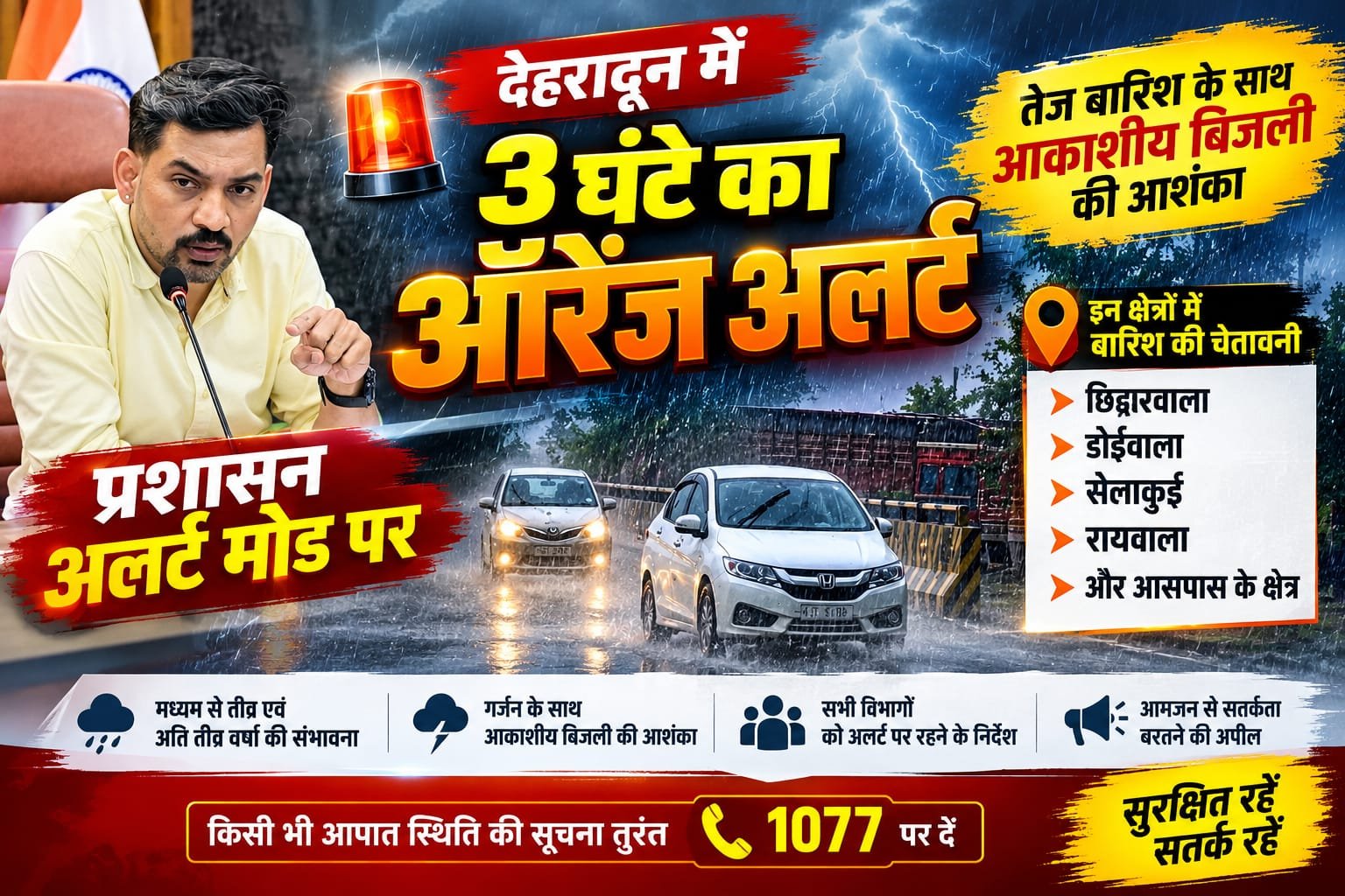 BIG BREAKING:देहरादून में मौसम का बड़ा अलर्ट! 3 घंटे का ऑरेंज अलर्ट, तेज बारिश और आकाशीय बिजली की आशंका—प्रशासन अलर्ट मोड पर