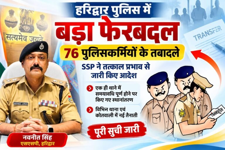 BIG BREAKING:हरिद्वार पुलिस में बड़ा फेरबदल, 76 पुलिसकर्मियों के तबादले; SSP ने तत्काल प्रभाव से जारी किए आदेश