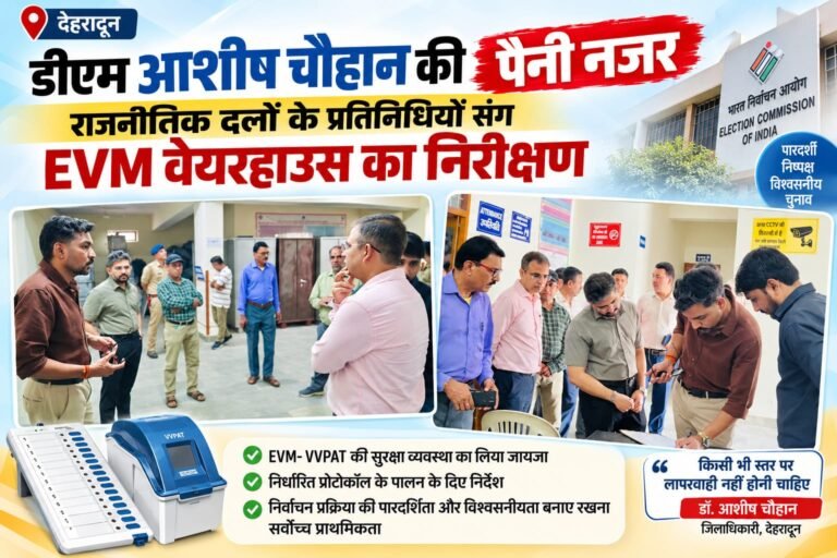BIG BREAKING:  देहरादून में EVM-VVPAT की सुरक्षा पर डीएम आशीष चौहान की पैनी नजर, राजनीतिक दलों के प्रतिनिधियों संग वेयरहाउस का किया निरीक्षण
