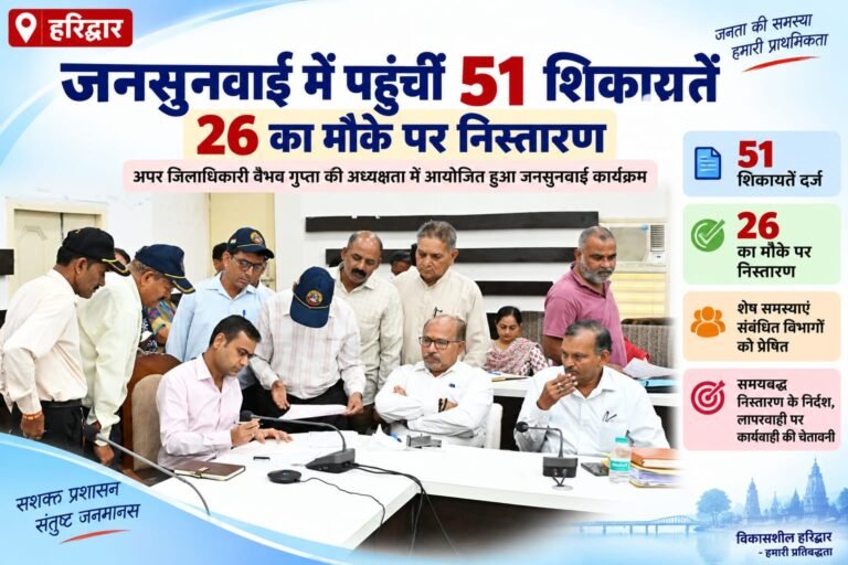 BIG BREAKING:  हरिद्वार में जनसुनवाई में उमड़ा शिकायतों का सैलाब, 51 फरियादें पहुंचीं अधिकारियों के दरबार; 26 का मौके पर निस्तारण, ADM ने अफसरों को दी सख्त हिदायत
