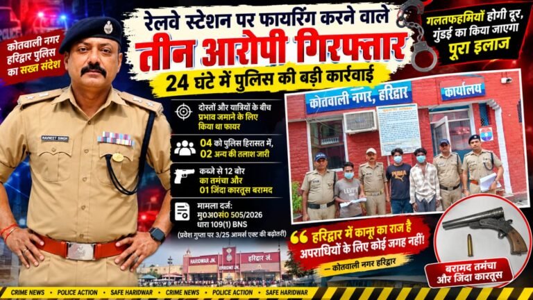 BIG BREAKING:: हरिद्वार रेलवे स्टेशन पर दबंगई दिखाना पड़ा भारी! 24 घंटे में तीन आरोपी गिरफ्तार, तमंचा-कारतूस बरामद; फायरिंग कर यात्रियों में जमाना चाहते थे रौब