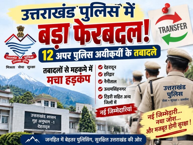 Big breaking:: उत्तराखंड पुलिस में बड़ा फेरबदल, 12 अपर पुलिस अधीक्षकों के तबादले