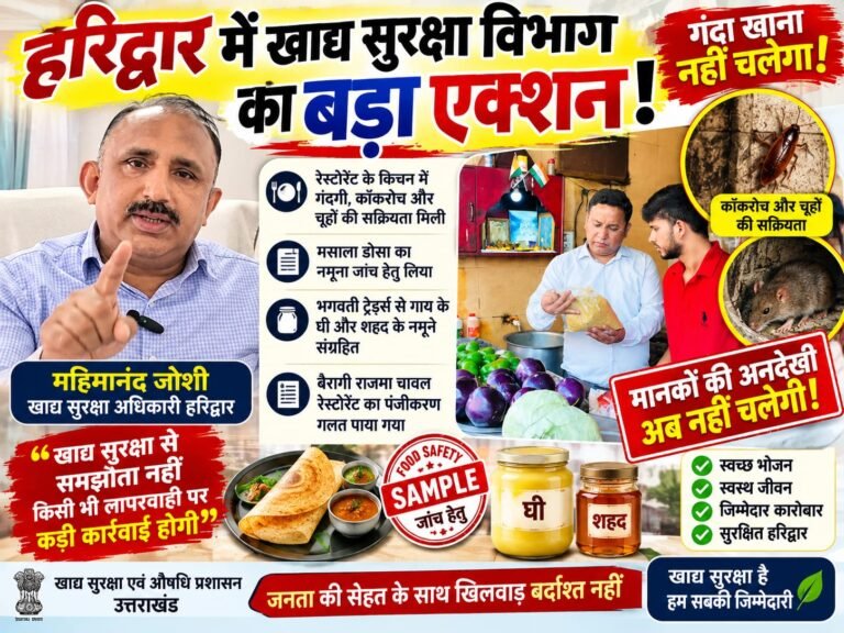 BIG BREAKING:: हरिद्वार में खाद्य सुरक्षा विभाग का बड़ा एक्शन, रेस्टोरेंट के किचन में गंदगी के साथ मिले कॉकरोच-चूहे; घी और शहद के भी लिए सैंपल