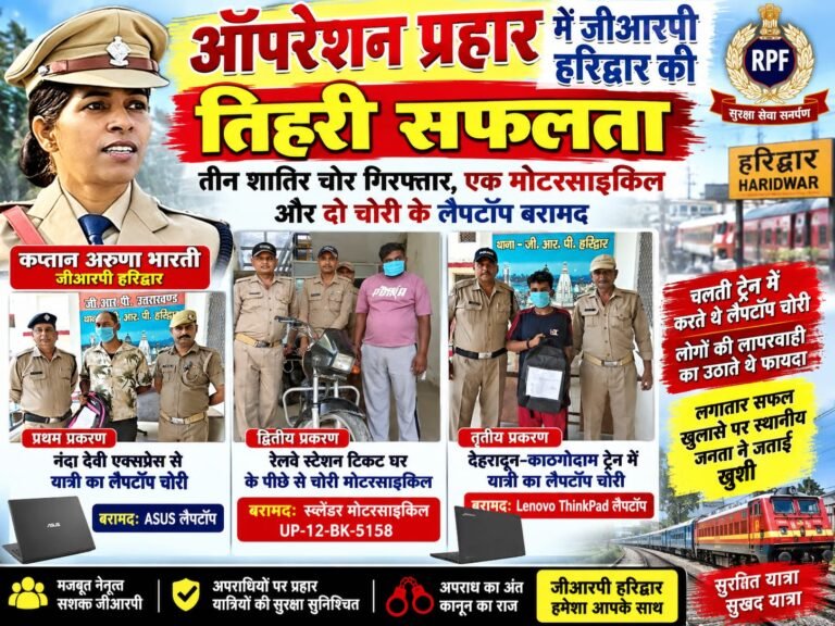 BIG BREAKING:: ऑपरेशन प्रहार का बड़ा वार: कप्तान अरुणा भारती के नेतृत्व में जीआरपी हरिद्वार की तिहरी सफलता, 3 शातिर चोर दबोचे—दो लैपटॉप और चोरी की बाइक बरामद!