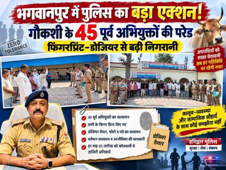 BIG BREAKING:: भगवानपुर में पुलिस का बड़ा एक्शन! गौकशी के 45 पूर्व अभियुक्तों की परेड, फिंगरप्रिंट-डोजियर से बढ़ी निगरानी