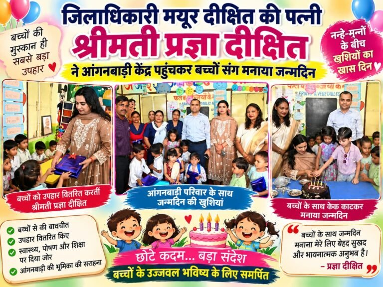 BIG BREAKING::  जिलाधिकारी मयूर दीक्षित की पत्नी प्रज्ञा दीक्षित ने नन्हे-मुन्नों संग मनाया जन्मदिन, आंगनबाड़ी में केक काटकर बांटी खुशियां और बच्चों को दिए प्यार भरे उपहार