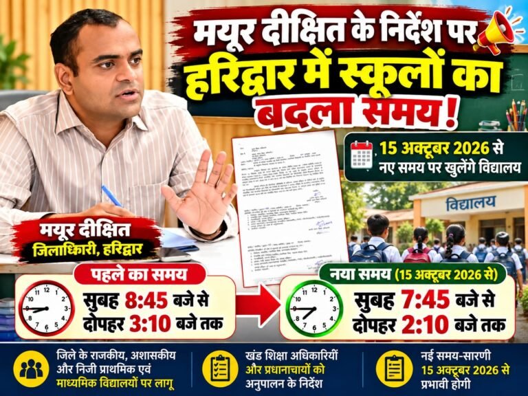 BIG BREAKING:: बच्चों की बल्ले-बल्ले! हरिद्वार में स्कूल का टाइम बदला—अब 7:45 पर घंटी बजेगी, 2:10 पर छुट्टी और बच्चे बोलेंगे… “वाह! आज तो जल्दी घर!”