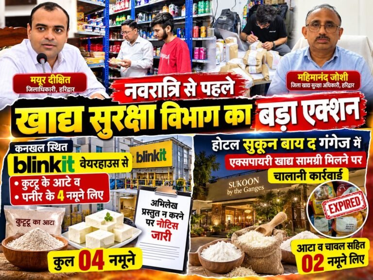 BIG BREAKING:: नवरात्रि से पहले खाद्य सुरक्षा विभाग का बड़ा एक्शन: ब्लिंकिट वेयरहाउस से कुट्टू-पनीर के 4 नमूने, होटल में एक्सपायरी सामान मिलने पर चालान