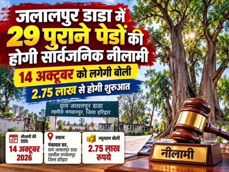 BIG BREAKING:: जलालपुर डाडा में 29 पुराने पेड़ों की होगी सार्वजनिक नीलामी, 14 अक्टूबर को लगेगी बोली—2.75 लाख से होगी शुरुआत