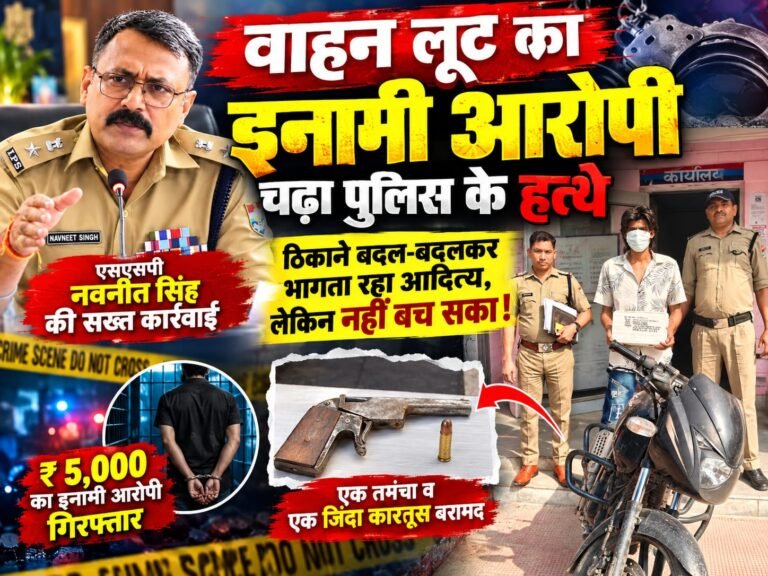 BIG BREAKING:: वाहन लूट का इनामी आरोपी चढ़ा पुलिस के हत्थे, ठिकाने बदलकर भी नहीं बच सका आदित्य; तमंचा-कारतूस और वारदात में प्रयुक्त बाइक बरामद