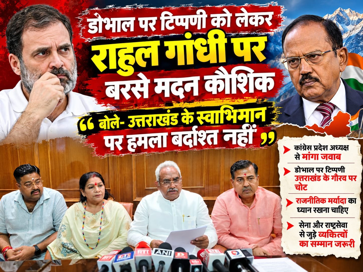 BIG BREAKING:: डोभाल पर टिप्पणी से भड़के मदन कौशिक, राहुल गांधी पर दागे तीखे सवाल! बोले— उत्तराखंड के स्वाभिमान पर चोट बर्दाश्त नहीं, कांग्रेस बताए बयान से सहमत है या नहीं?