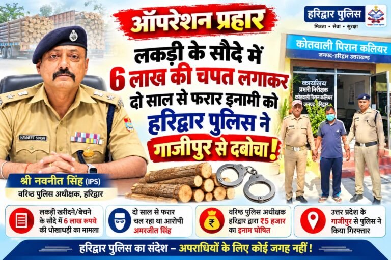BIG BREAKING:: लकड़ी के सौदे में 6 लाख की चपत लगाकर दो साल से पुलिस को दे रहा था चकमा, ₹5 हजार के इनामी को ‘ऑपरेशन प्रहार’ में हरिद्वार पुलिस ने गाजीपुर से दबोचा!