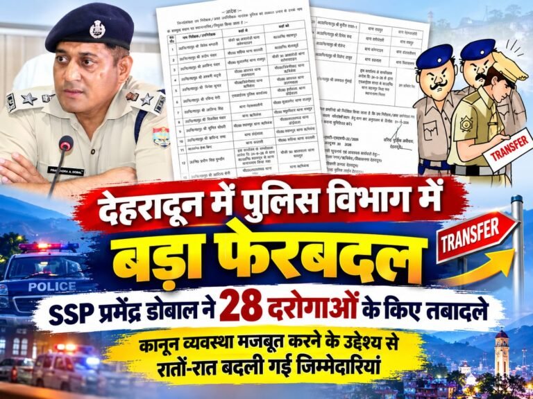 BIG BREAKING:: देहरादून में कानून व्यवस्था मजबूत करने को SSP प्रमेंद्र डोबाल का बड़ा एक्शन, 28 उप निरीक्षकों के तबादले कर पुलिस महकमे में किया बड़ा फेरबदल